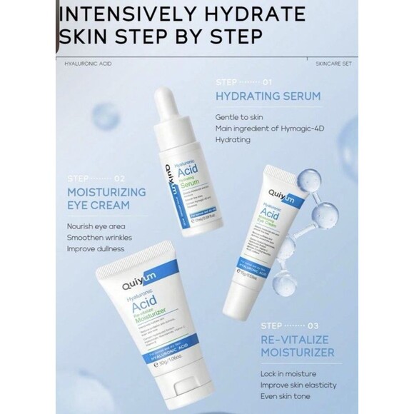 New Sealed Quiyum 3pc Hyaluronic Acid Skincare Set Serum Eye Cream Moisturizer - Picture 5 of 9